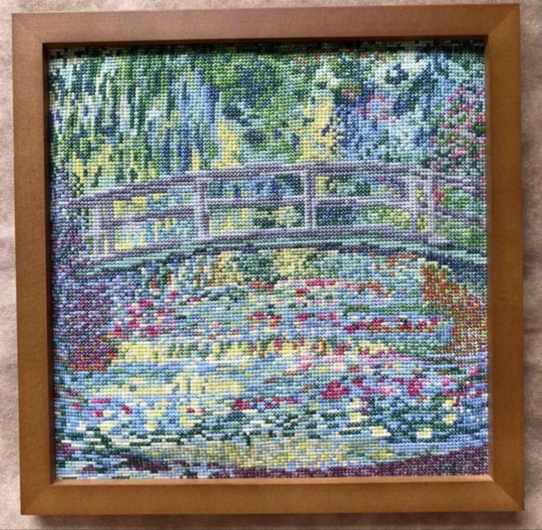 【完成品】〈睡蓮の池〉　クロスステッチ The National Gallery×DMC クロスステッチキット クロード・モネ「睡蓮