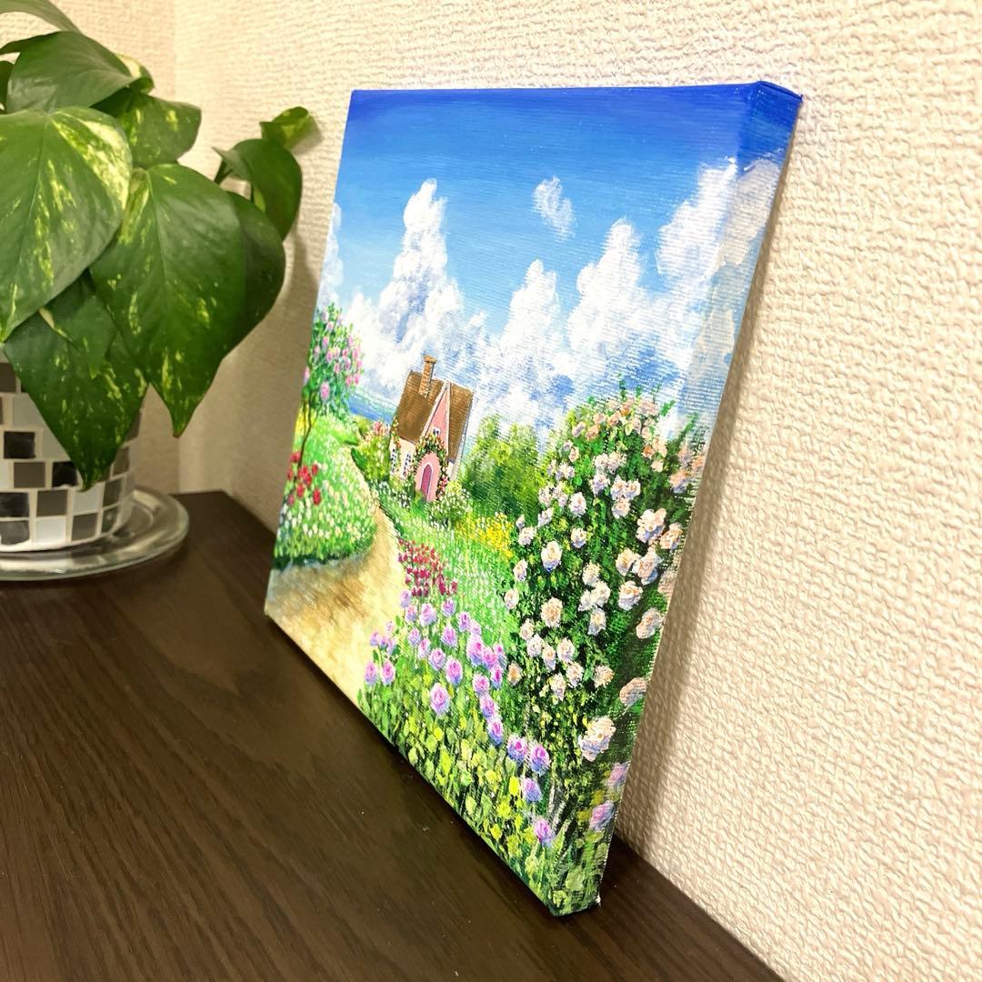 絵画 原画 風景画 肉筆 キャンバス 20×20㎝ 『海の見えるバラガーデン