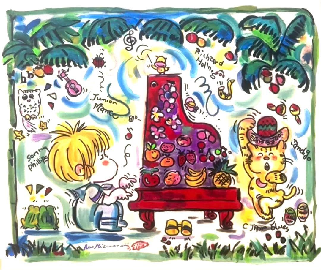 F10】水森亜土（ピアノ弾く女の子）肉筆品/表裏サイン有り/手描き/油絵