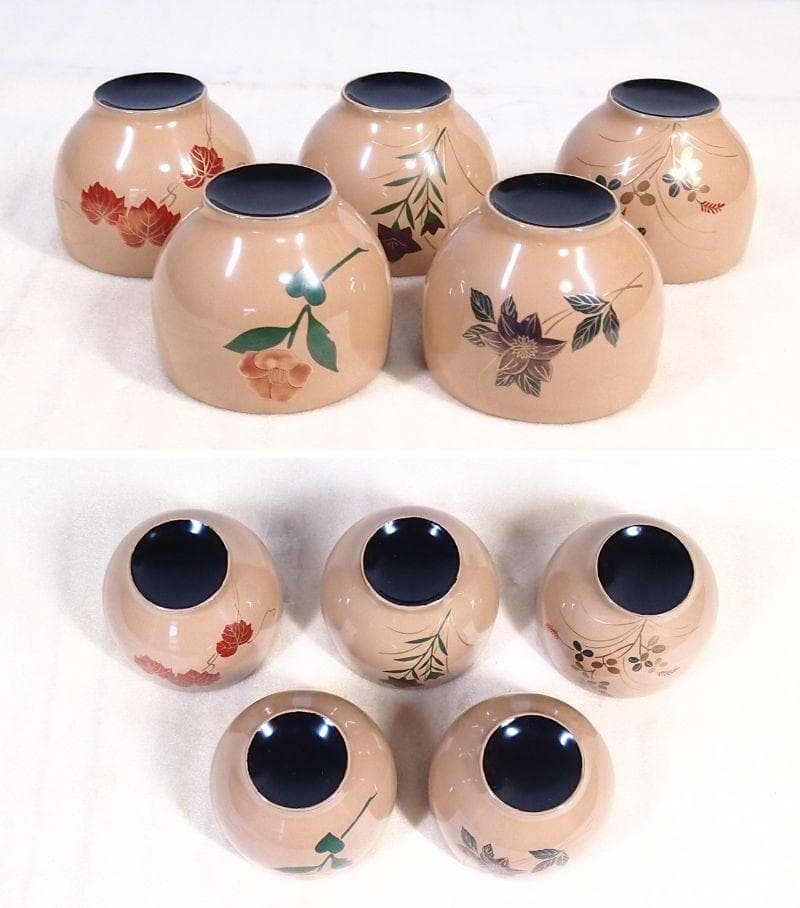 未使用】輪島塗 塩安製 白漆 絵変わり蒔絵 湯吞 5客 湯吞茶碗 茶器