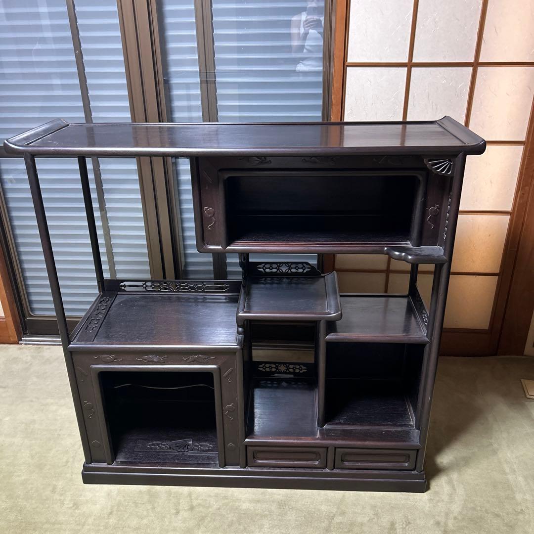 黒檀　棚 飾り棚 :黒檀 隅丸 4枚戸 彫り入り 3.5尺棚 no.3027 / 唐木家具OSAKA