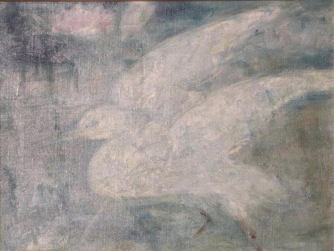 真作】絵画 浦久保義信 油彩 青の調べに舞う白き鳥 幻想空間の飛翔