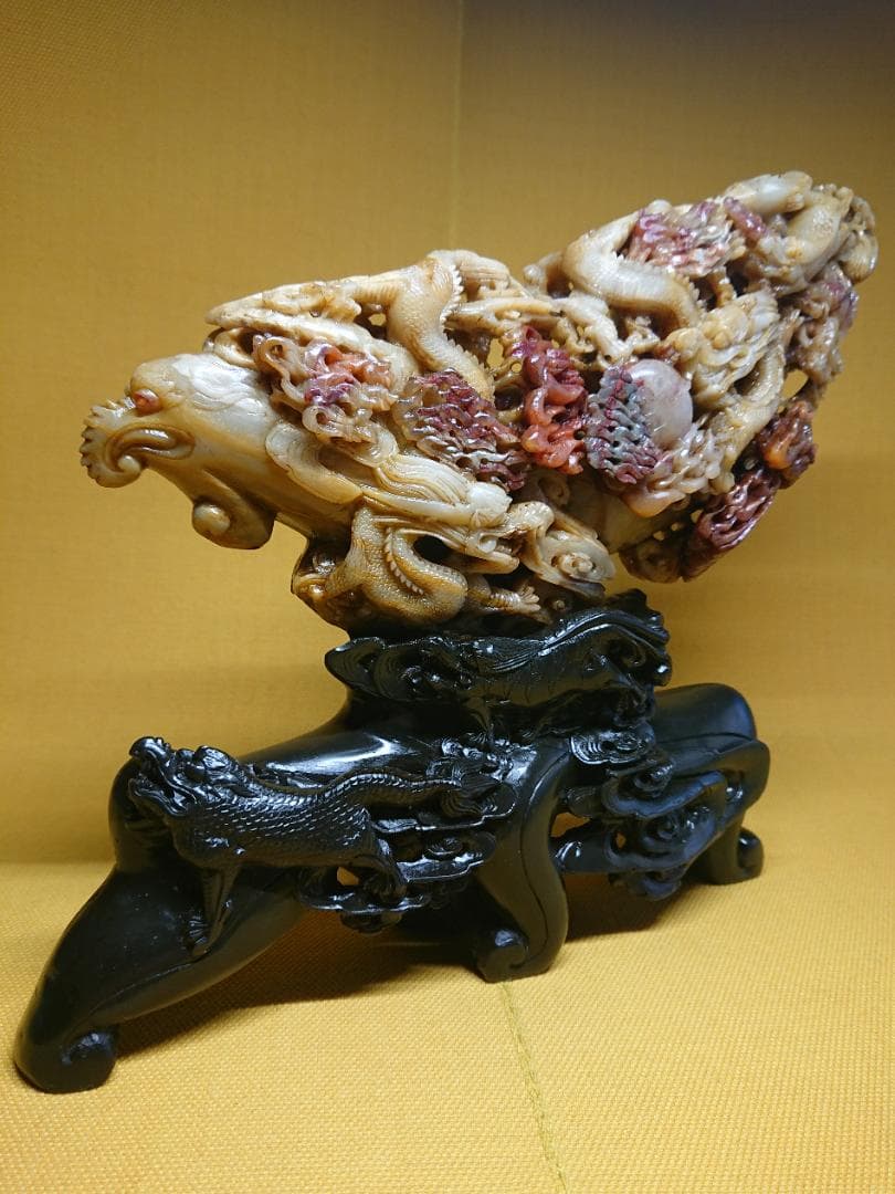 美品 天然石 彫刻 龍 鳳凰 麒麟 置物 インテリア 工芸品 美術品 A3456