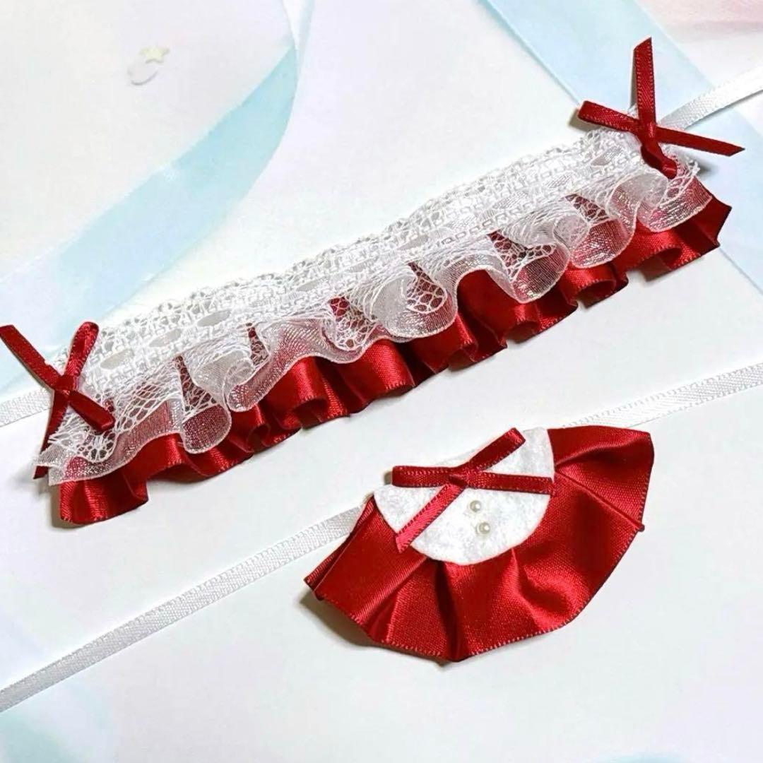 ☆No.1535 にじぱぺっと ぬい服 ヘッドドレス スタイ 赤 ワインレッド
