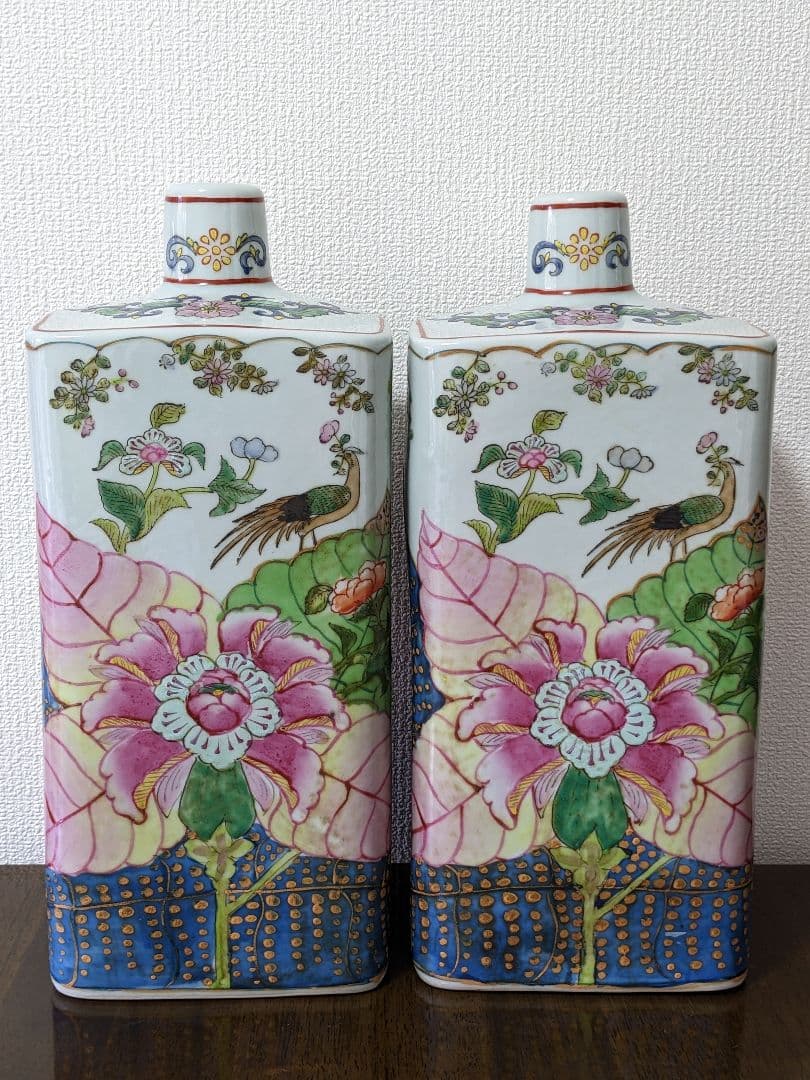 ♢中国陶磁 華栄堂製 粉彩花鳥紋様壺 瓶 花瓶 置物飾り ディスプレイ