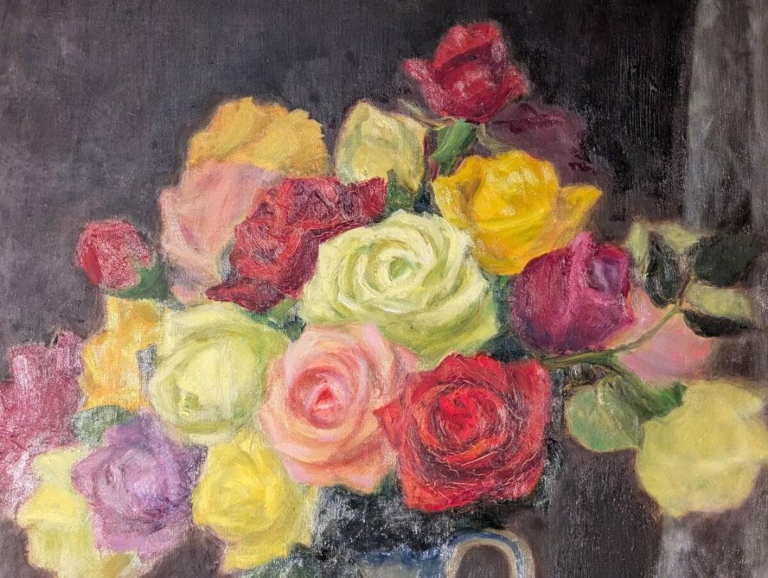 真作】絵画 長生玲子 油彩10号 花瓶のバラ 彩り豊か 箱・黄袋入 Y150