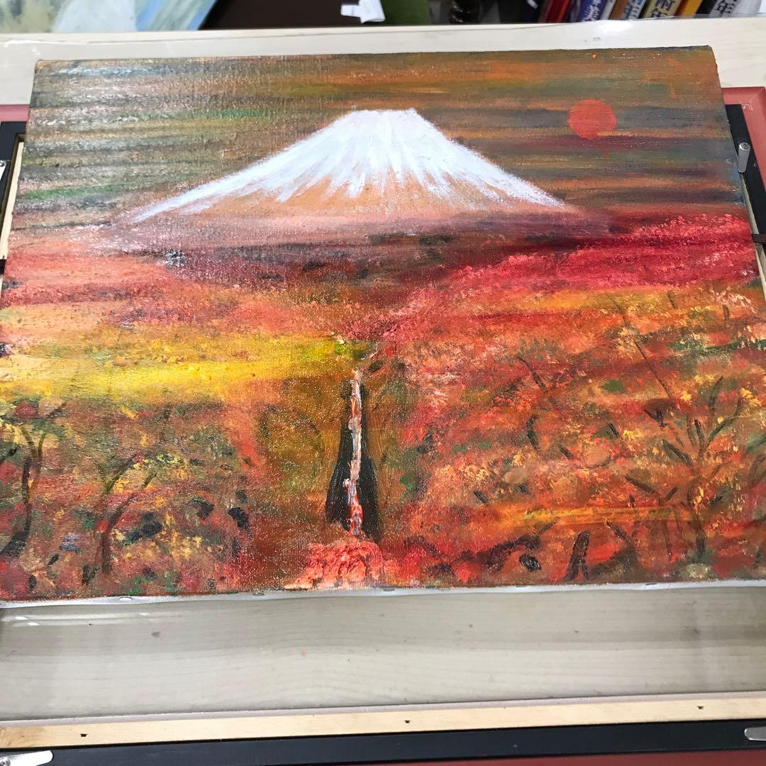 油彩画 真筆保証 富士山と滝と紅葉 自作絵画 堀口 守 - メルカリ
