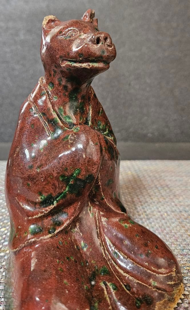 中国・日本古陶磁器 時代古作品 古陶磁器 陶器製 辰砂釉 狐像 神