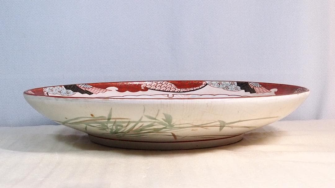骨董・美品】大日本九谷造 赤絵 高砂図 飾り皿/大皿/径40cm弱 明治期