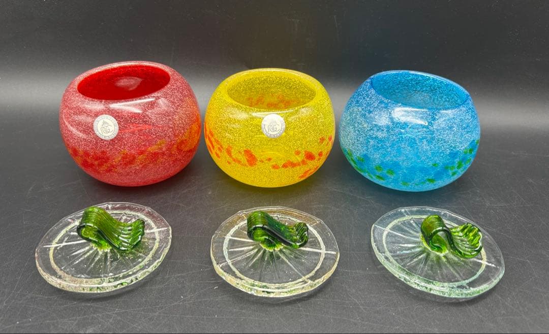 琉球ガラス 泡カレット 菓子入れ キャニスター レッド イエロー ブルー