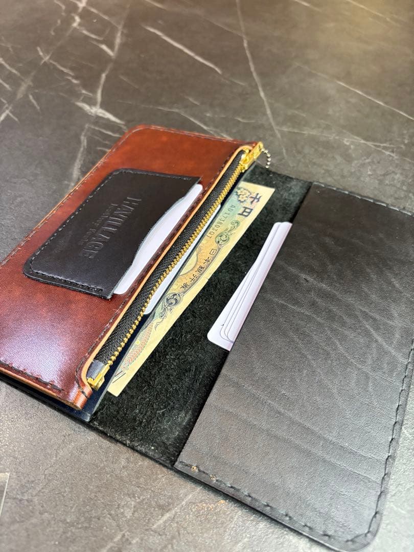 ハンドメイド レザー長財布 ネイビー 革財布