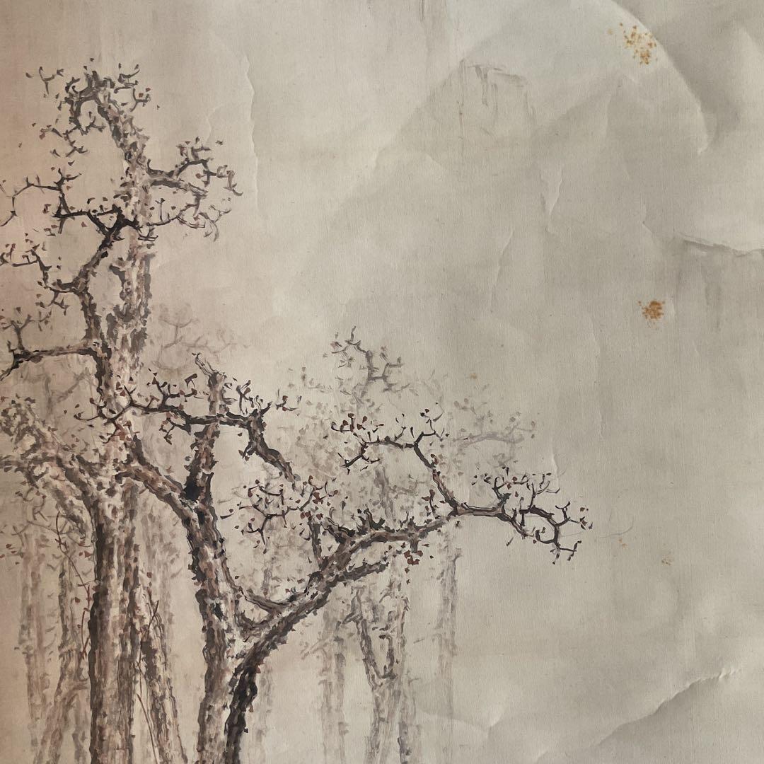 風景画 絹本 作者 題目不詳 軸先漆木細工軸
