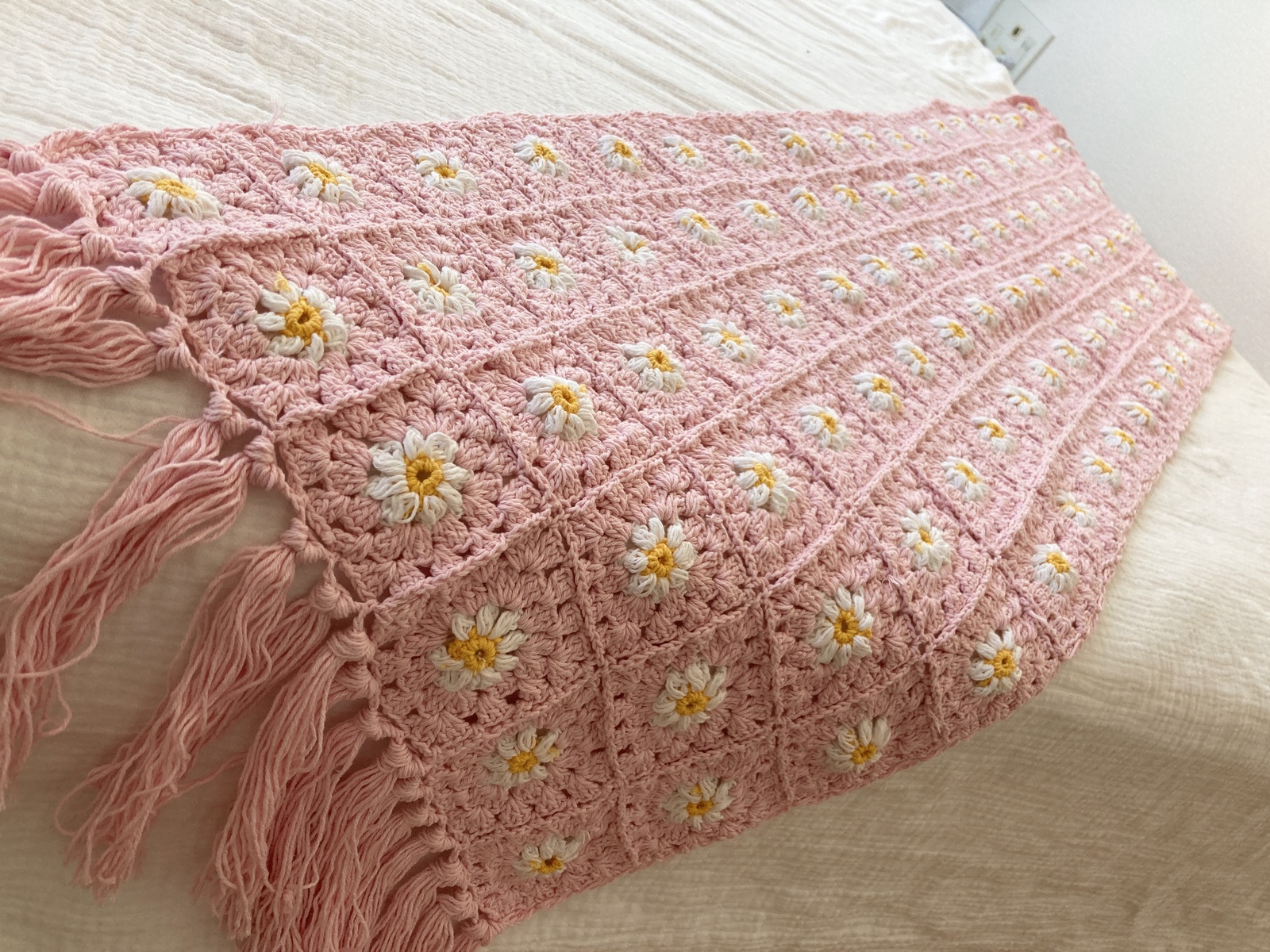 大判マルチカバー】手編み かぎ編み200x132☆お花 シンプル クリーム色