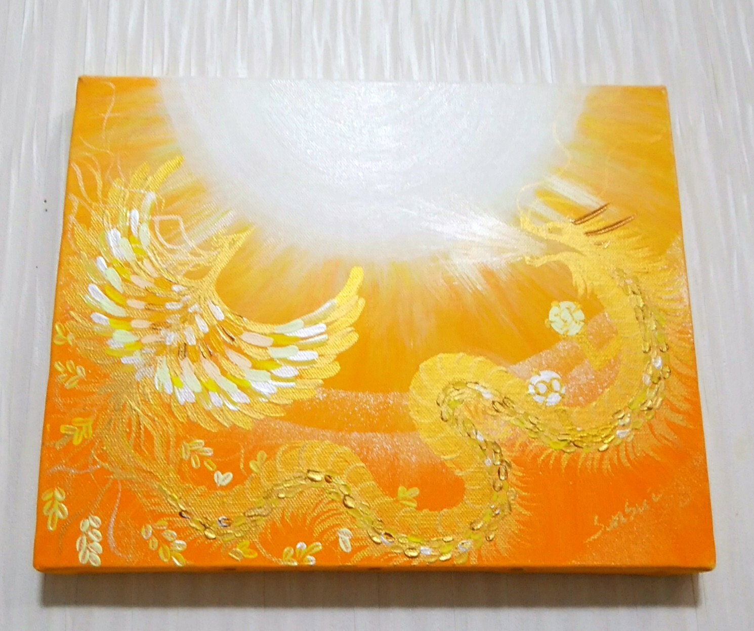 風水最強開運縁起画＊光喜鳳凰と黄金龍～太陽～ダブル玉持ち 金運出世