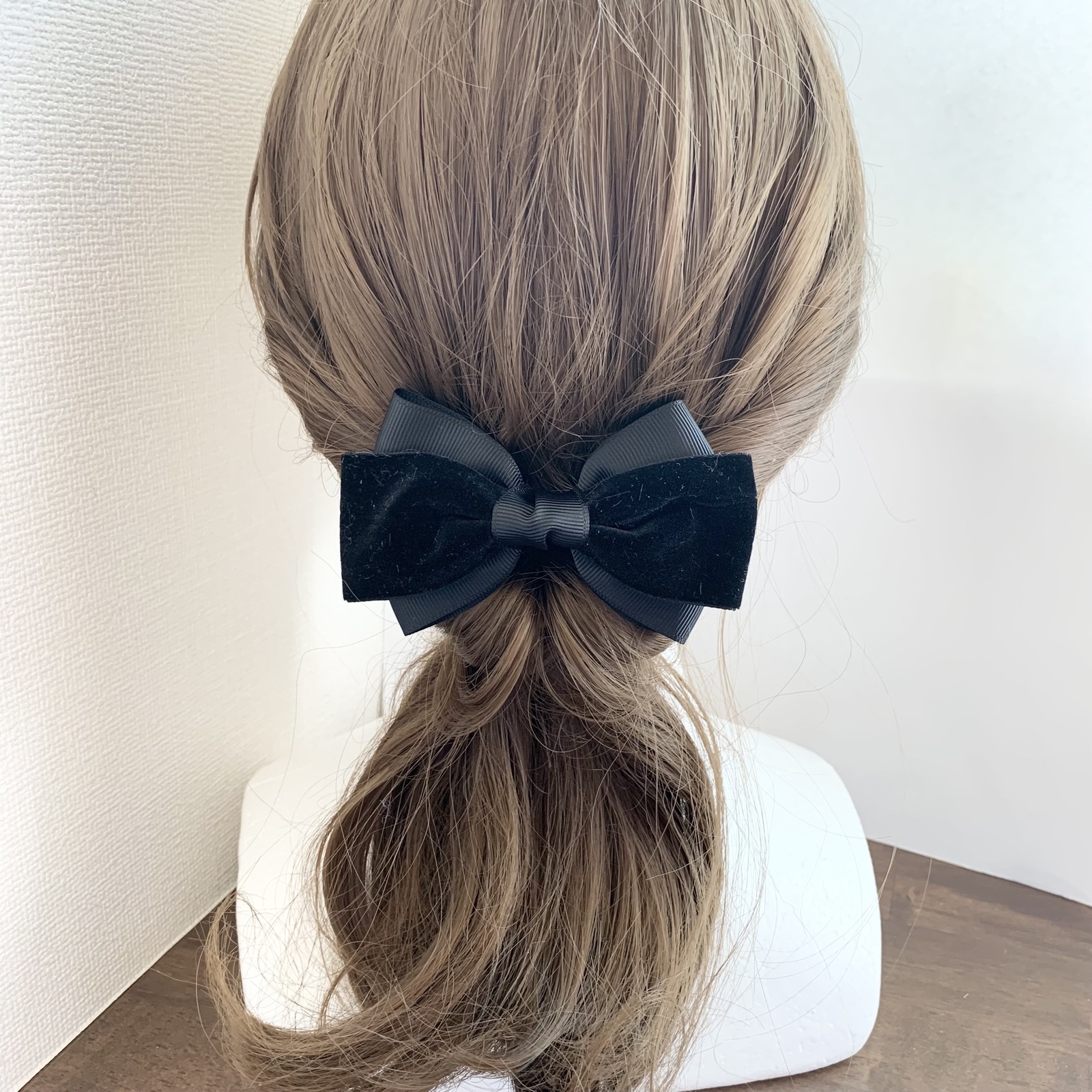 ベロア×グログランリボン 黒 ブラック ヘアゴム ポニーフック バレッタ