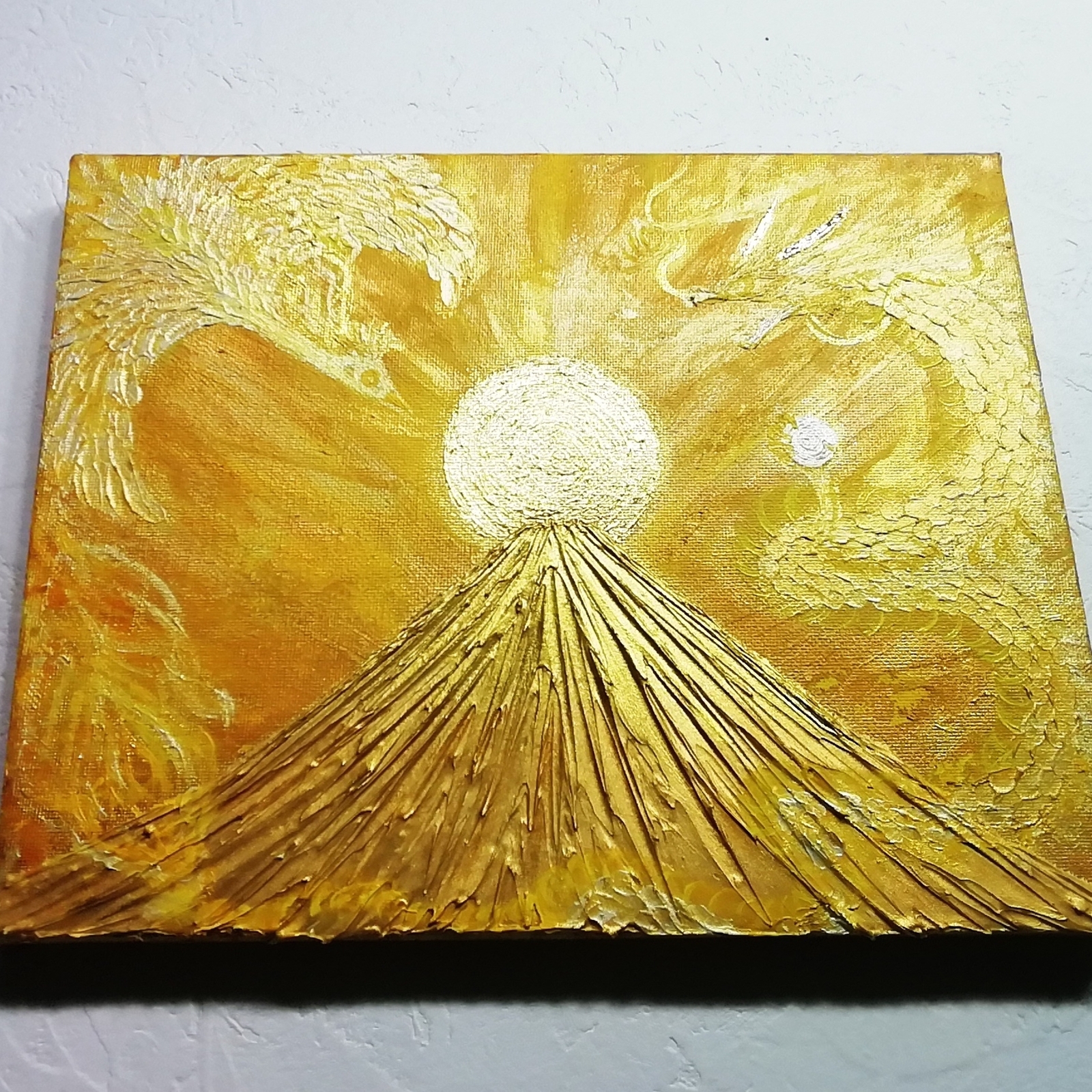 完売 風水開運黄金絵画＊金箔陽光 黄金昇龍と鳳凰日の出金富士 金運