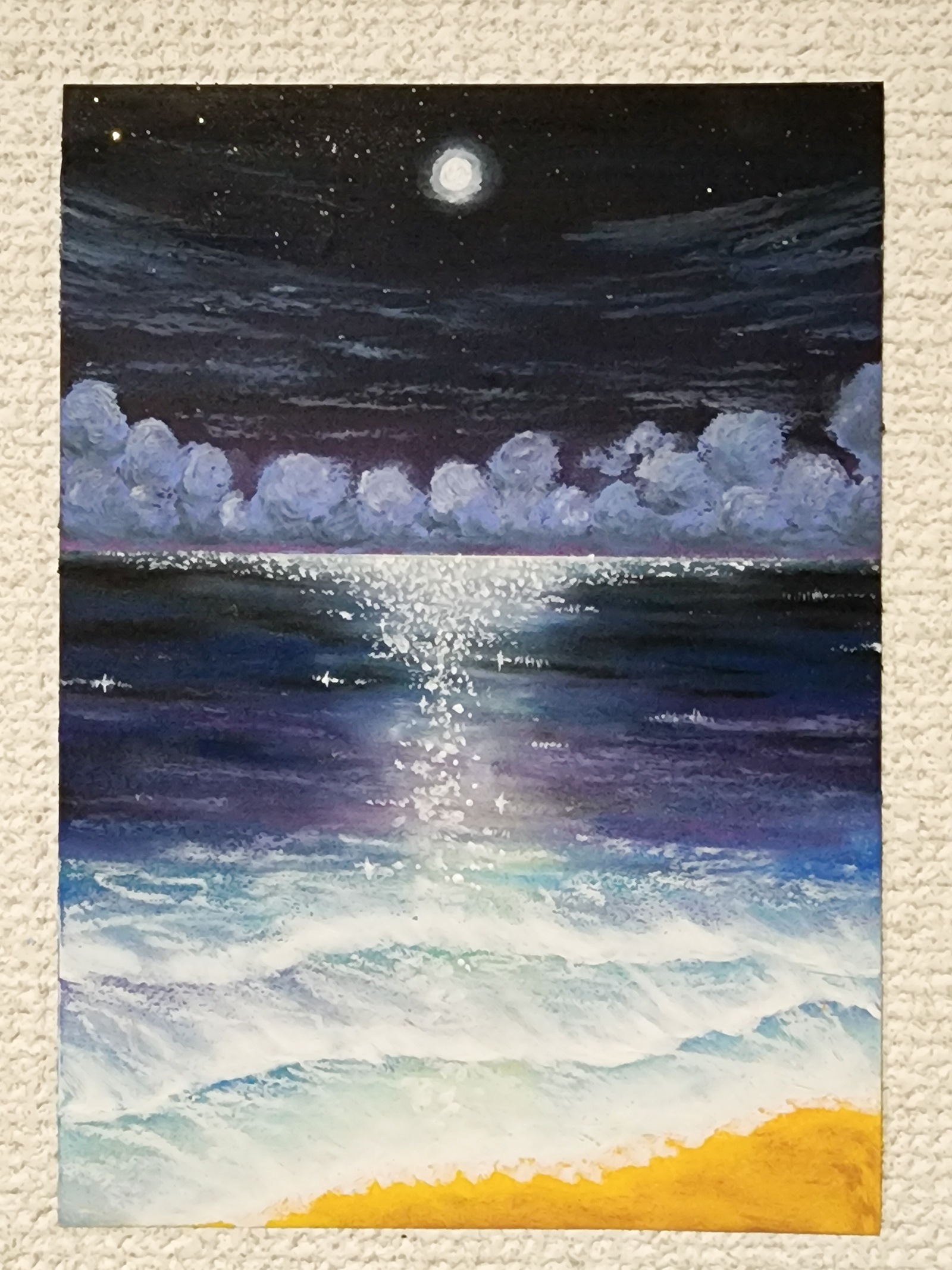 風景画 海の絵 パステル アート 自然 絵画 夏 月 夜空 オイルパステル