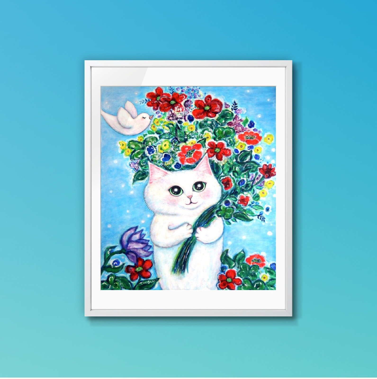 油絵 菅家令子 絵 絵画インテリア額付(青緑＋金色の枠)uF6-071219猫犬