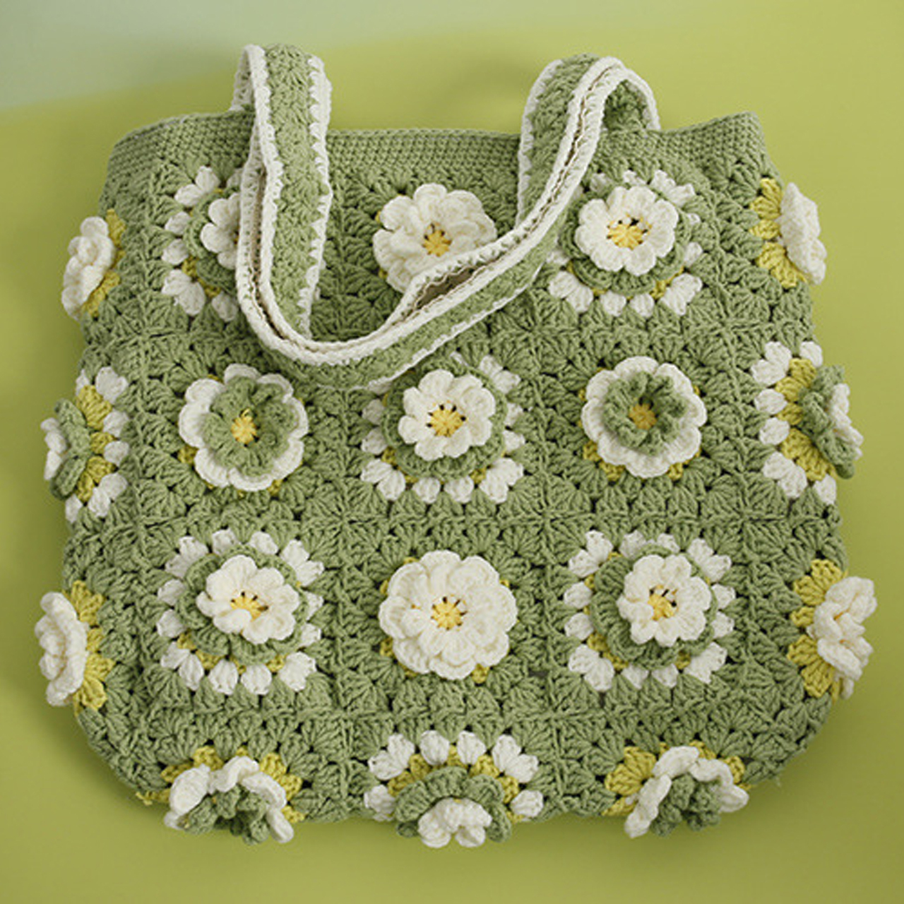 抹茶 花モチーフ 手編みクロシェトートバッグ かぎ針編み ハンドメイド