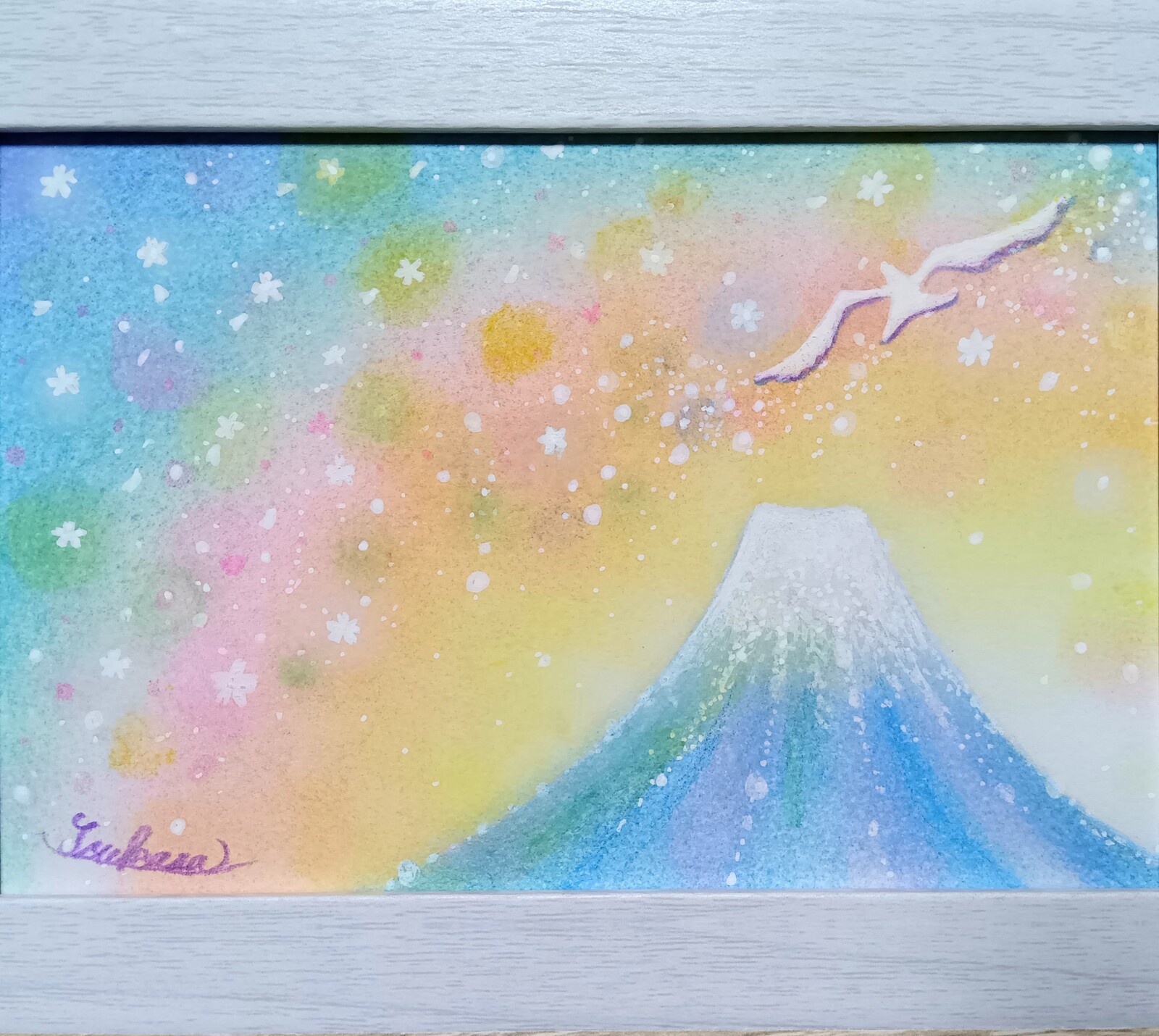 パステルアート 桜舞う虹色の富士山 パステル画原画 - T's Arts