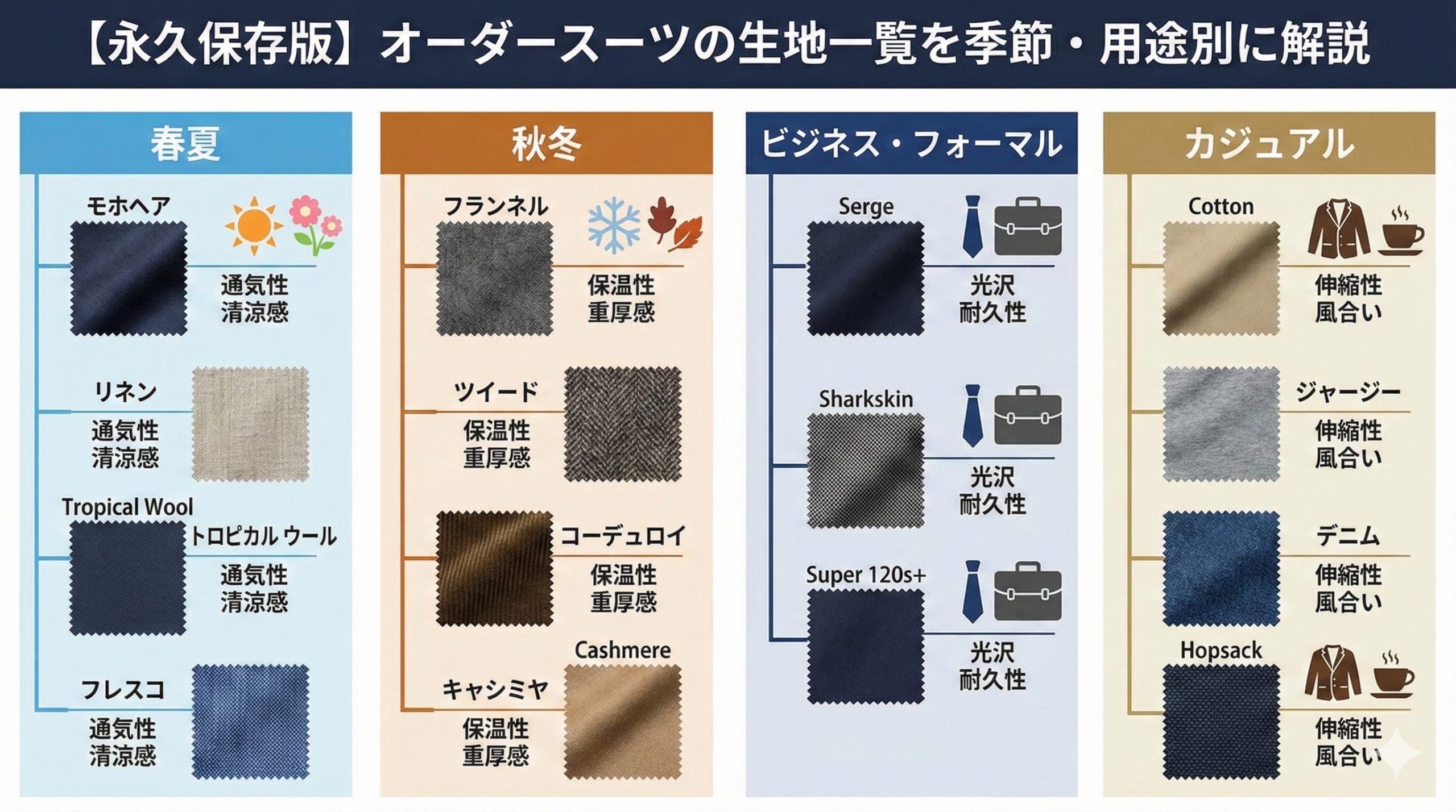 永久保存版】オーダースーツの生地一覧を季節・用途別に解説 | 福岡の