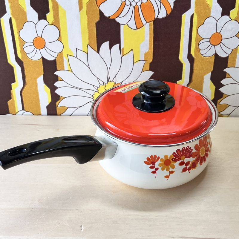 ミッチホーロー 花柄片手鍋 オレンジ蓋 18cm